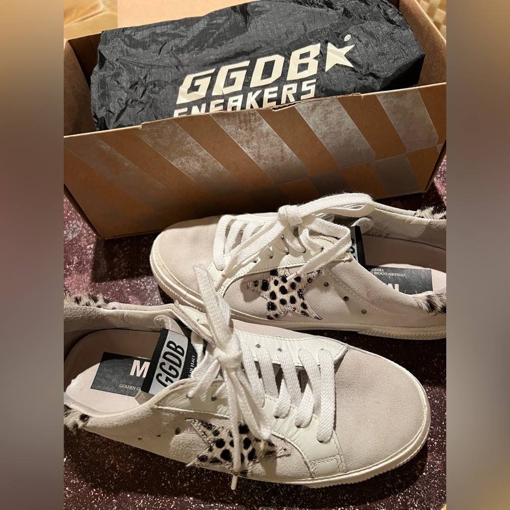 Golden Goose grey/beige suede sneakers with leopard details
